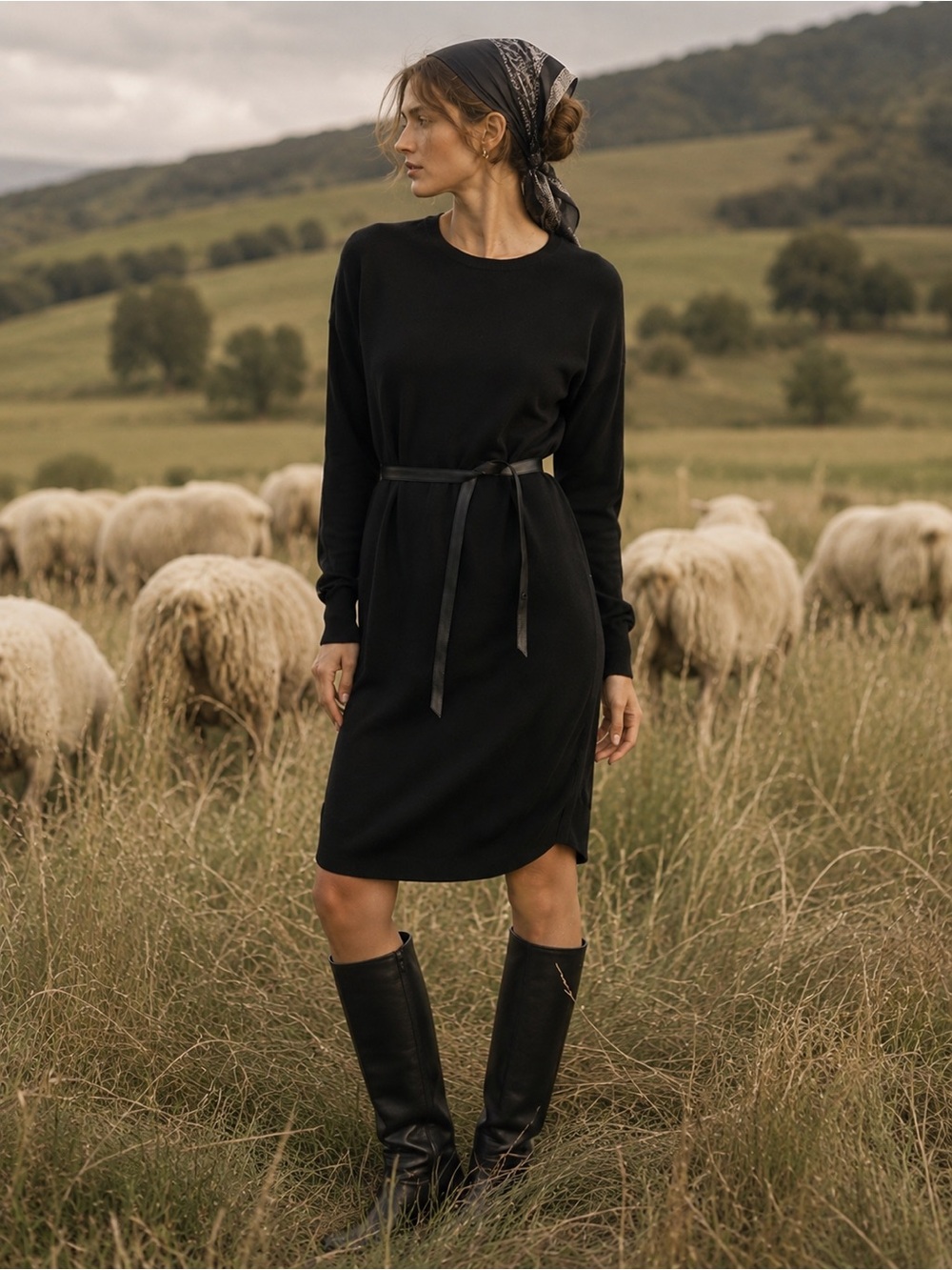 Loro Piana 100% Cashmere Sweater Dress Black classic lambskin belt sz 40 Italy